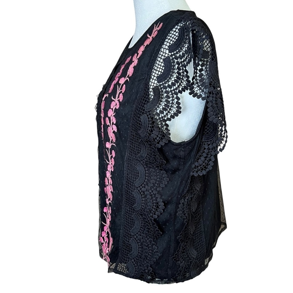 Calligraphie Black Lace Top Sleeveless Pink Embroidered Flowers Feminine Sz L - Picture 4 of 12